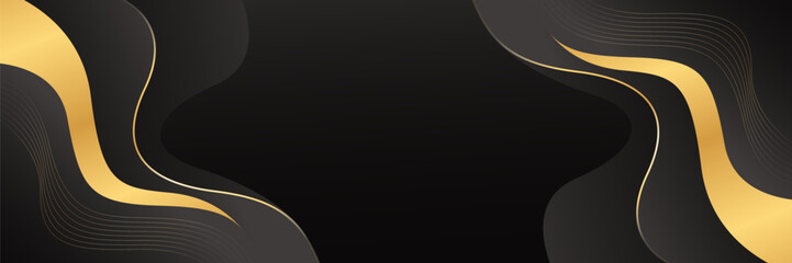 Abstract black luxury banner background with gold lines. Elegant wave modern wallpaper. Suitable for templates, banners, sales, ads, events, awards, web pages, and headers