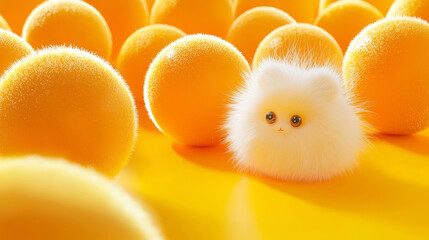 3D furry fluffy orange with a mini monster plush toy creative playful fun fruit background. fashion designed cute style advertising wallpaper