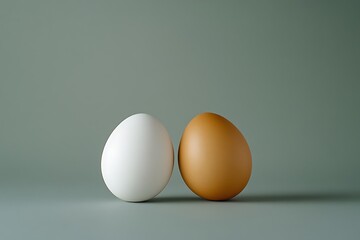 White and brown eggs leaning together on a soft green backdrop