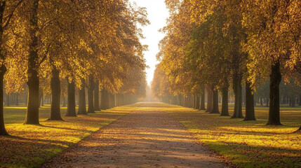 Autumn pathway lined with trees showcasing vibrant fall colors in soft morning light