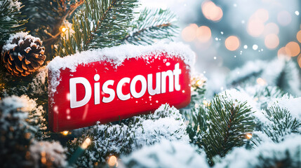 red discount sign covered in snow is nestled among snowy pine branches