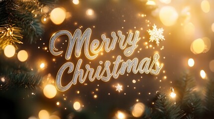 written in sleek silver cursive reading "Merry Christmas" on a warm gold background, with pine branches and twinkling lights.