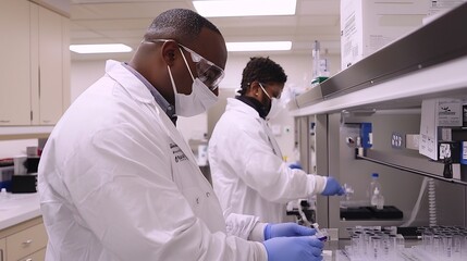 Naklejka premium Scientists in Sterile White Suits Conducting Vaccine Research in a Clinical Laboratory Setting Illustrating Innovation and Safety Protocols in the Medical and Pharmaceutical Industries