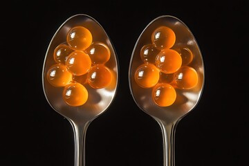 Close-up of Orange Gel Beads on Silver Spoon with Black Background