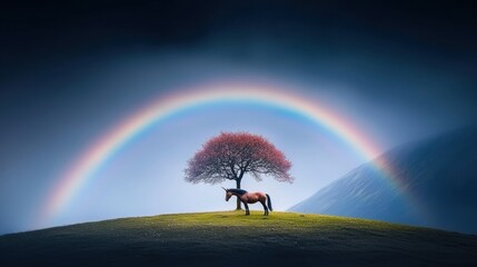 A unicorn standing gracefully beneath a double rainbow, its horn touching the colorful arc, symbolizing hope, dreams, and the beauty of nature wonders.