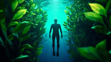 Silhouette of an aquanaut exploring a lush green underwater kelp forest with sunlight penetrating the water and creating a serene ethereal atmosphere  The scene evokes a sense of wonder mystery