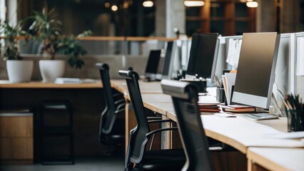 A modern office space featuring desks, computers, and greenery, designed for productivity and collaboration in a stylish environment.