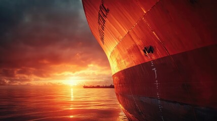 Obraz premium Sunset Over the Ocean with Ship Hull