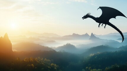 Fototapeta premium A simple yet striking dragon silhouette formed by dark mountains against a misty valley, the rising sun casting an ethereal glow on the surrounding landscape.