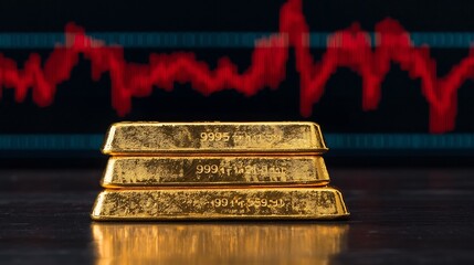 Stacked gold bars positioned in front of a vibrant market chart displaying upward and downward trends representing the wealth financial security