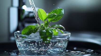 Small Plant in Water-Filled Glass Bowl