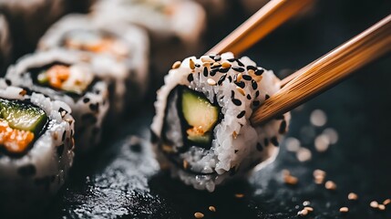 Sushi Roll with Chopsticks on Black Surface