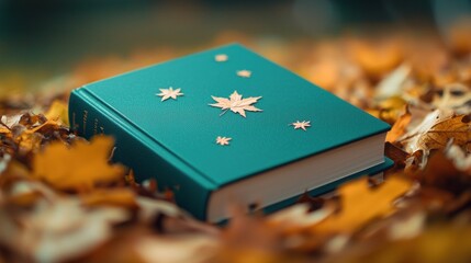 A close up shot of a book with a nature themed cover lying on a bed of autumn leaves, emphasizing the connection between literature and the natural world.