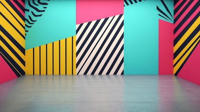 Vibrant 3D pop art graffiti wall with bold colors urban geometric patterns and a modern digital 3D style  The abstract stylized background has a striking dynamic visual impact with its layered shapes