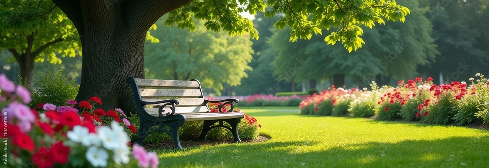 Poster a park with a bench under a tree and flowers in the background