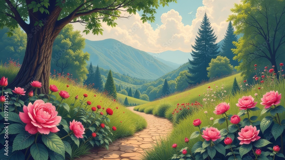 Poster a beautiful landscape with a path leading to a tree