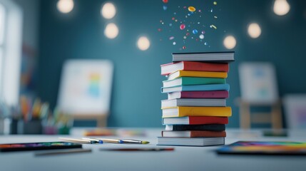 A stack of art books with colorful covers on a table in an artist studio, surrounded by paintbrushes, palettes, and canvases, representing creativity and inspiration.