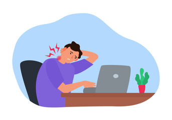 suffering neck pain man sitting and working with laptop vector illustration