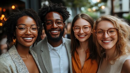 Fototapeta premium Four friends smiling and posing together in a joyful outdoor setting.