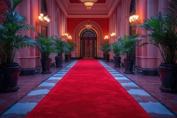 red carpet unfurling as a symbol of luxury and prestige adorned with elegant decor inviting attention and excitement set against a glamorous backdrop