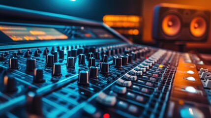 Fototapeta premium A close-up of a professional audio mixing console with knobs and speakers in a studio setting.