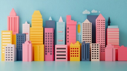 Vibrant abstract pop art inspired cityscape featuring a whimsical arrangement of geometric shapes and buildings in bright eye catching colors  This 3D offers a stylized
