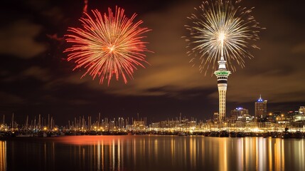 Fototapeta premium Bright Auckland Sky Tower Fireworks Illuminate Harbor Skyline Reflections