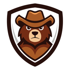 A bold bear wearing a cowboy hat and boots, standing strong within a shield. The mascot exudes rugged charm, blending wild strength with a western flair. Perfect for any team!