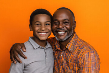 Father and son smiling at the camera in a park, trees in the background, father wearing a blue shirt, son in a red jumper, holding hands.
