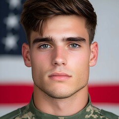 Obraz premium Young Soldier Portrait Against Flag Background