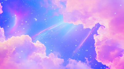 Fototapeta premium 3D abstract dreamy sky in space with stars clouds night holographic iridescent glossy texture in futuristic background. cyberpunk solarpunk disco musical club bar psychedelic pink purple blue