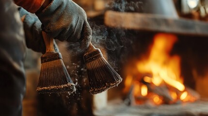 Cleaning the Fireplace with a Brush