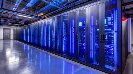 Obraz premium Cutting-edge server room with automated monitoring systems, dynamic lighting, and robotic maintenance units for next-gen data management