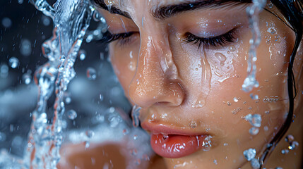 Fototapeta premium Young Woman Enjoying Water Splashing on Her Face