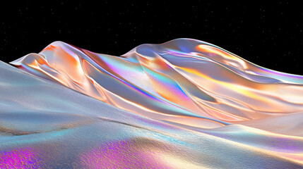 3D abstract dessert mountain space with stars clouds night holographic iridescent glossy glass texture in futuristic background. cyberpunk solarpunk disco musical club bar psychedelic colorful shiny 