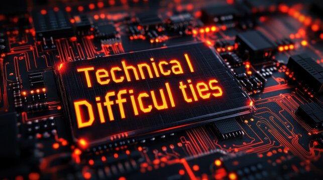 The words "Technical Difficulties" are displayed on a glowing screen on a circuit board.
