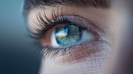 A close up shot of a person eye overlaid with a digital grid, tracking their gaze and pupil movements, highlighting the precision of eye tracking technology.