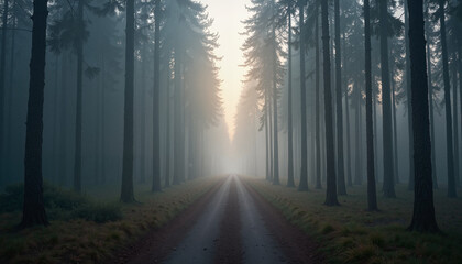 Fototapeta premium Misty forest road, mysterious mood, tall trees, soft light, nature landscape