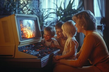 Fototapeta premium A mother and her three children watch a show on a vintage television set. They are all smiling and seem to be enjoying the program.