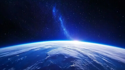 Obraz premium Earth in space universe planet with shiny star dark blue technology science background with copy space. astronomy starry sky shimmering glow wallpaper