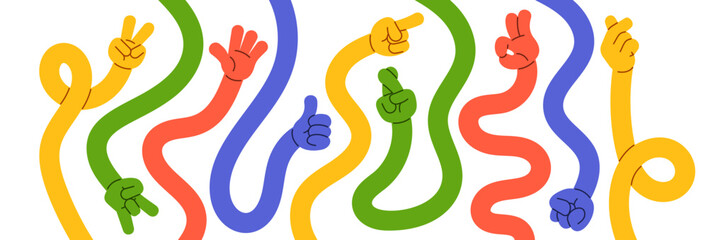 Comic flexible colorful long hands showing different gesture design elements in groovy hippie style