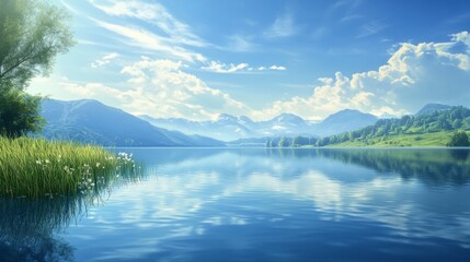 Naklejka premium Serene Nature Scene of Tranquil Lake with Clear Sky Reflection - Peaceful Landscape Illustration Bringing Calm and Relaxation