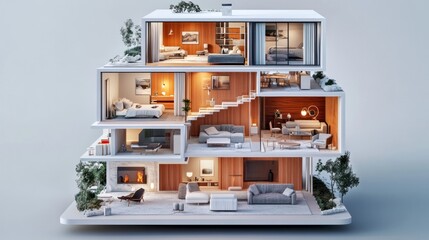 Fototapeta premium 3D house model sliced open to show interiors, featuring furniture and decor in a layered, architectural style