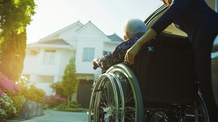 Elderly Man Being Helped Into a Car by a Caregiver
