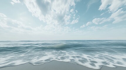 Fototapeta premium Serene Coastal Tranquility - Relaxing Ocean Waves and Sandy Beach Landscape for Wellness Concepts
