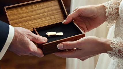 A groom presents a small wooden box to his bride during their wedding ceremony