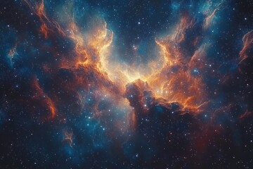 Fototapeta premium A vibrant nebula of orange and blue gas clouds with sparkling stars, a stunning representation of the beauty and vastness of the cosmos.