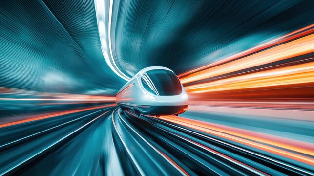 A hyperloop capsule hurtling through a tunnel, the background a blur of light and color, conveying the immense speed of the vehicle.