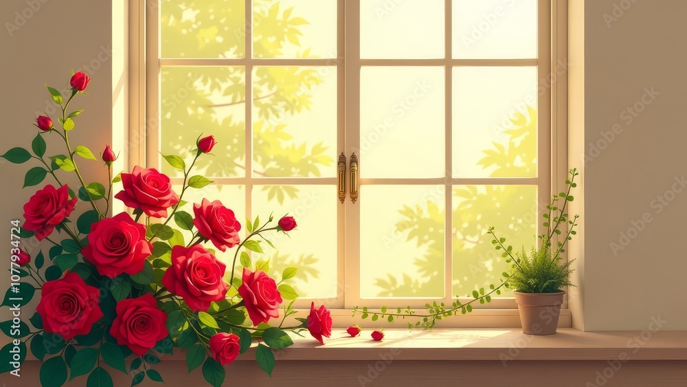 Poster A window with a view of a tree and a bunch of red roses
