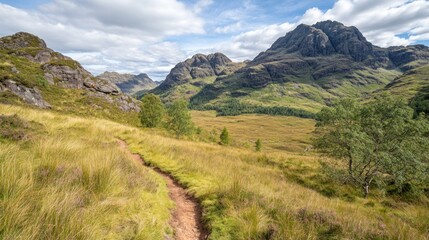 Fototapeta premium Scenic view of a winding path through green hills and mountains under a cloudy sky.